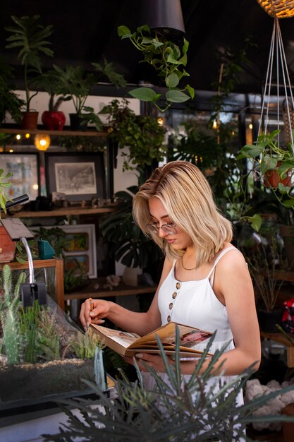 Medium shot young woman surrounded by plants