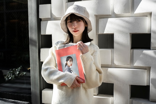 Medium shot young woman wearing bucket hat