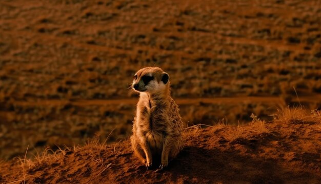 Meerkat standing alert fur to the wind generated by AI