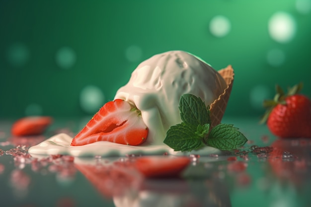Бесплатное фото Тающее мороженое с мятой и клубникой