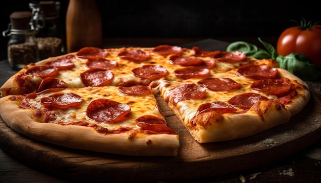 AIが生成した焼きたてグルメピザの上にとろけるモッツァレラチーズ