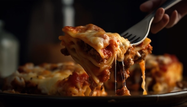 Free photo melting mozzarella on homemade bolognese lasagna slice generated by ai