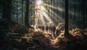 Бесплатное фото Мужчины и женщины путешествуют по густому лесу, созданному искусственным интеллектом