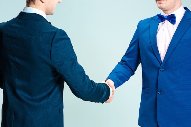 Men in elegant suit shaking hands, agreements concept