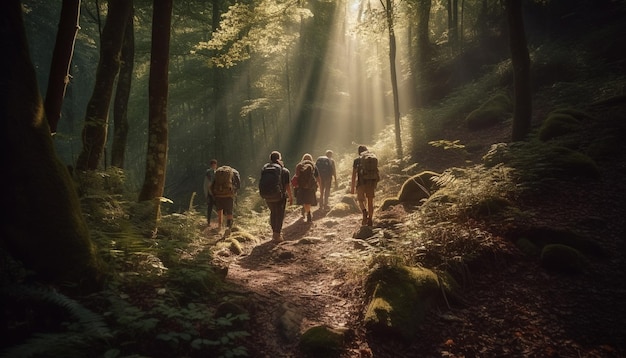 Men hiking on a foggy mountain trail generated by AI