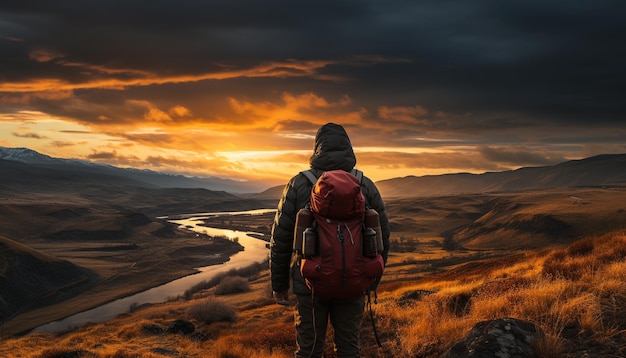 人工知能によって生成された夕焼けの中で自然の美しさを楽しむ山頂をハイキングする男性