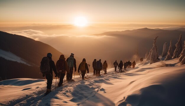 AIによって生成された日没の冒険で山頂をハイキングする男性