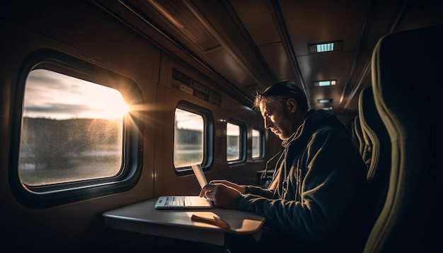 Men holding digital devices traveling on public transportation generated by AI