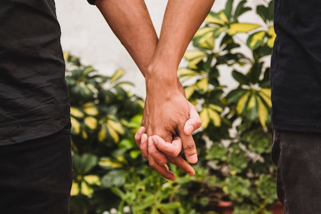 Free photo men holding hands near plants