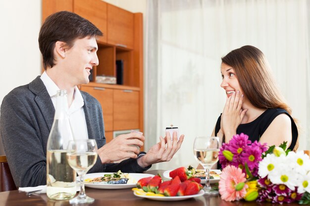 men presenting a gift box with jewelry inside to his girlfriend