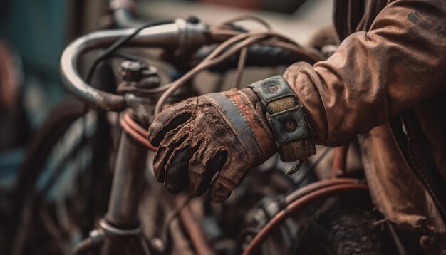 AIが生成した革製の保護手袋で自転車を修理する男性