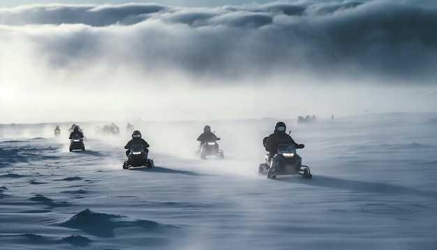 Men riding motorcycles in snowy mountain landscape generative AI