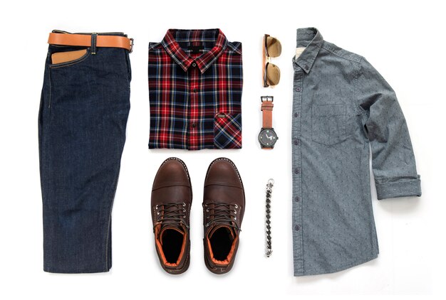 Premium Photo Men S Casual Outfits For Man Clothing With Brown Boot Watch Blue Jeans Belt Sunglasses Office Shirt And Bracelet Isolated On White Background Top View