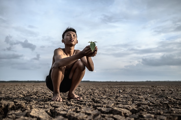 男性は手に座り、乾いた地面に苗木を持って空を見上げます。