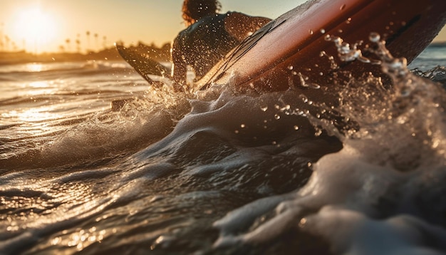 Men surfing waves spraying water extreme fun generated by AI