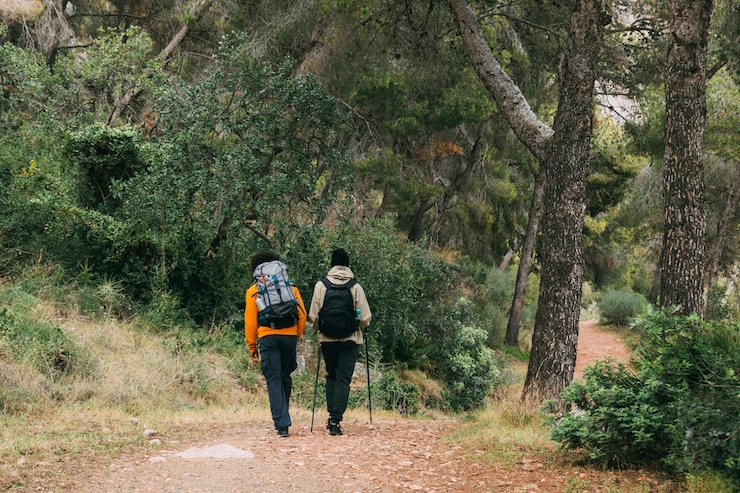 Free Photo men trekking in nature