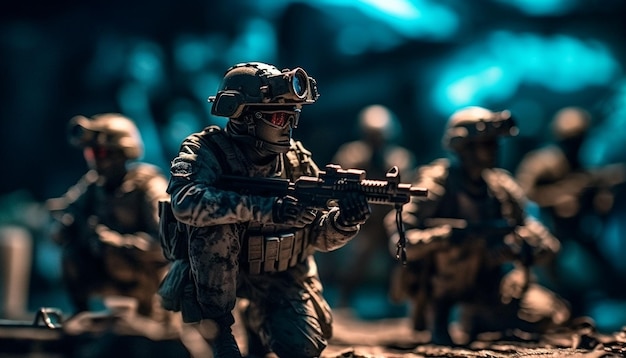 Мужчины в униформе целятся из винтовок на поле боя, созданном ИИ