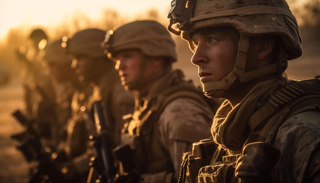 Foto gratuita uomini in uniforme con fucili in piedi all'aperto generati dall'intelligenza artificiale
