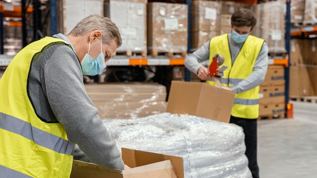 Free photo men in warehouse working