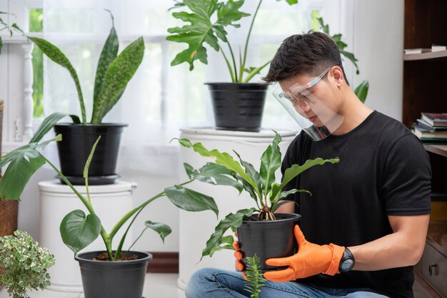 オレンジ色の手袋を着用し、屋内で木を植える男性。