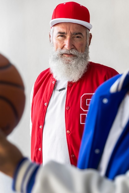 Men wearing varsity jacket