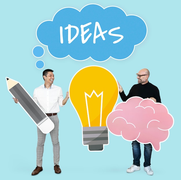 Men with creative ideas showing light bulb and brain icons