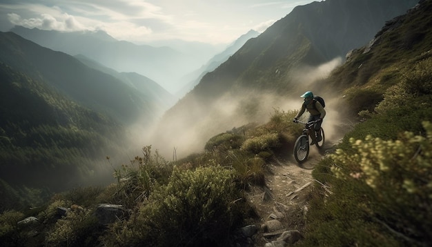 Free photo men and women conquer mountain terrain cycling generated by ai