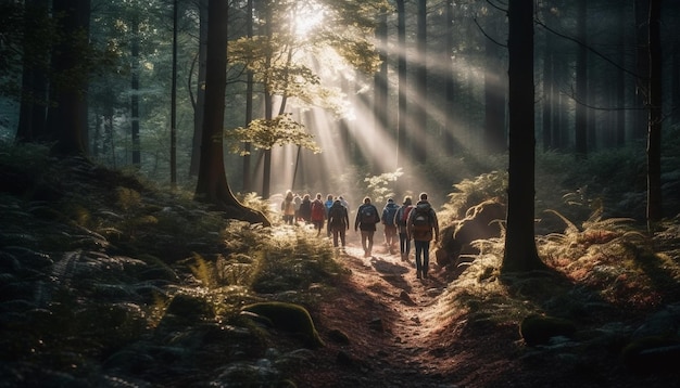 Foto gratuita uomini e donne che fanno escursioni nella lussureggiante foresta generata dall'intelligenza artificiale