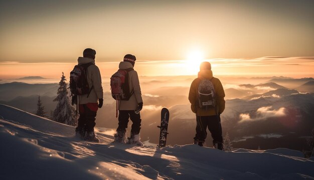 AIが生成した夕日の山脈をハイキングする男女