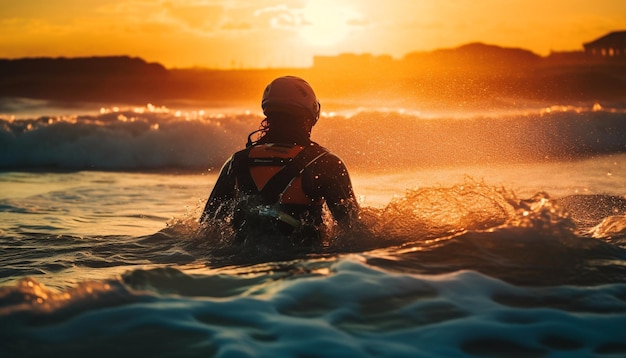 Free photo men and women surfing at sunset extreme fun generated by ai