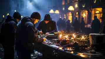 Free photo men working on night city