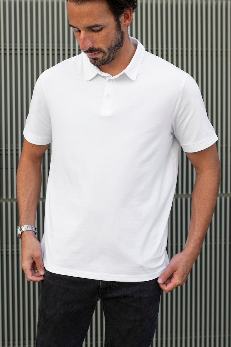 Free Photo menswear polo shirt white casual apparel outdoor shoot