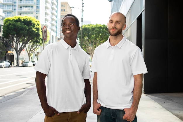 Free photo menswear polo shirt white fashion apparel city shoot