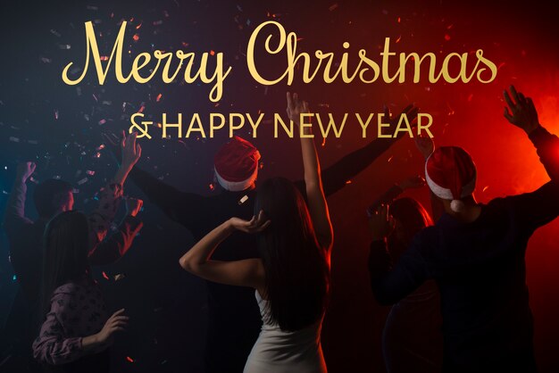 Merry christmas banner with people partying