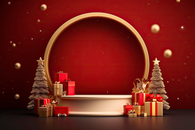 無料写真 ステージ製品表示の円筒形とクリスマスのお祝いの装飾を備えたメリー クリスマス バナー