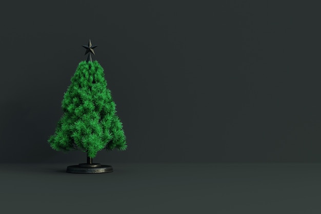 황금 공 및 소나무 나뭇가지 전면 보기와 함께 메리 크리스마스 구성입니다. 복사 공간 3D 렌더링이 있는 새해 프레임 모형