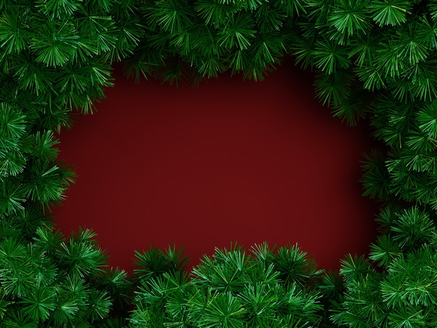 Merry Christmas frame composition with Pine tree branches Top view. New year frame mockup with copy space 3D Rendering