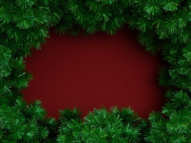 소나무 나무 가지 상위 뷰와 함께 메리 크리스마스 프레임 구성입니다. 복사 공간 3D 렌더링이 있는 새해 프레임 모형
