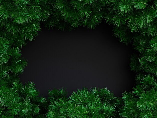 Merry Christmas frame composition with Pine tree branches Top view. New year frame mockup with copy space 3D Rendering