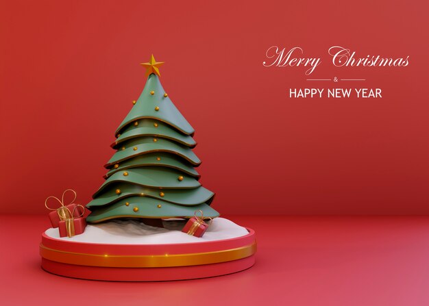 Merry christmas greetings with tree on podium