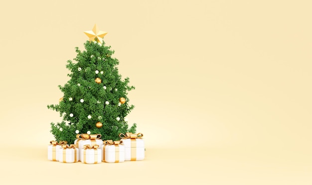 メリークリスマスと新年あけましておめでとうございますクリスマスツリーとギフトボックスのバナーの背景3Dイラスト