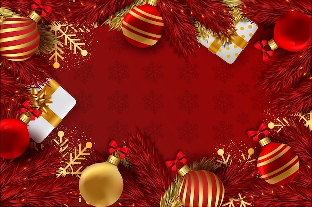 Free photo merry christmas red background with 3d christmas decoratio