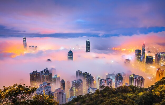 Mesmerizing shot of the skyscrapers of a city covered in mist at night