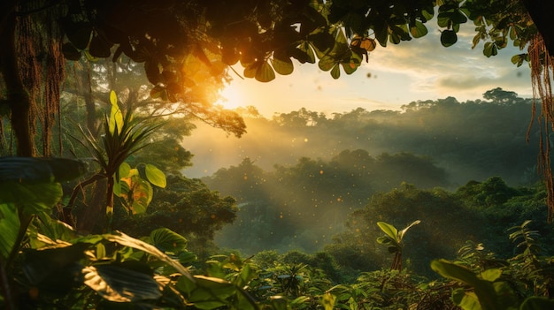 A mesmerizing sunrise breaking through the jungle canopy casting a warm glow on the verdant landscap