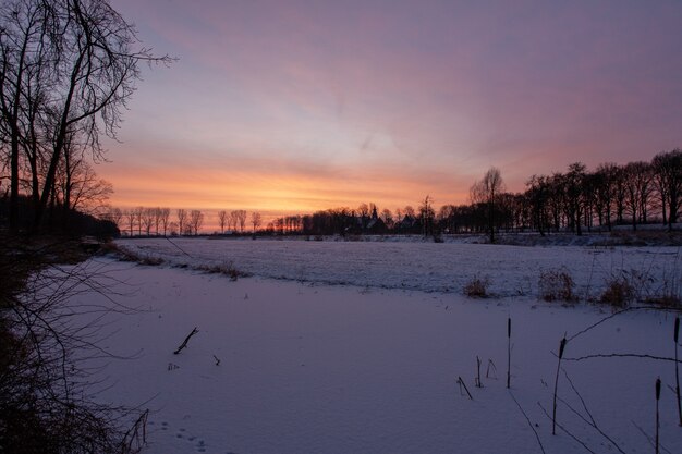 オランダの冬の間に歴史的なドアウォース城の近くの魅惑的な夕日