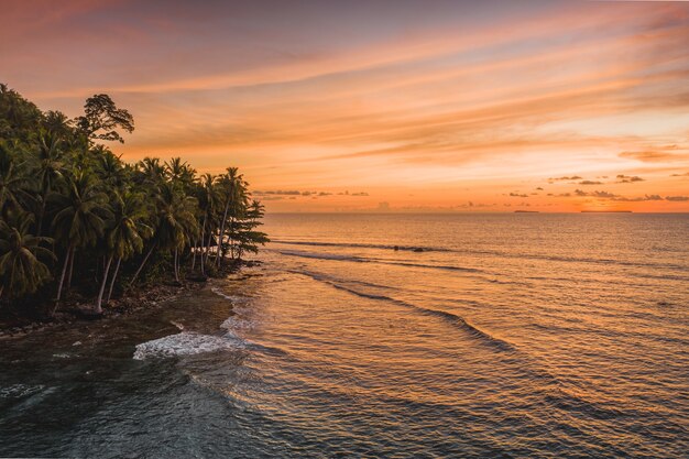 Mesmerizing view of the calm ocean and the trees in the shore during sunset in Indonesia