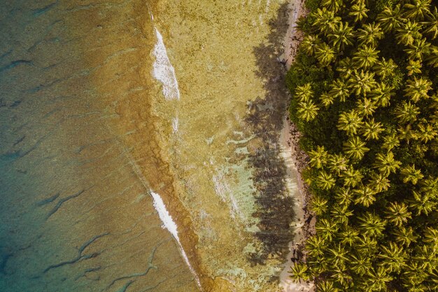 インドネシアの白い砂浜とターコイズブルーの澄んだ水で魅惑的な海岸線の景色