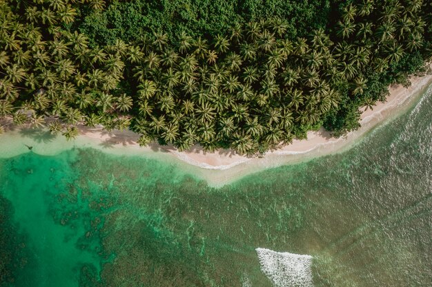 インドネシアの白い砂浜とターコイズブルーの澄んだ水で魅惑的な海岸線の景色