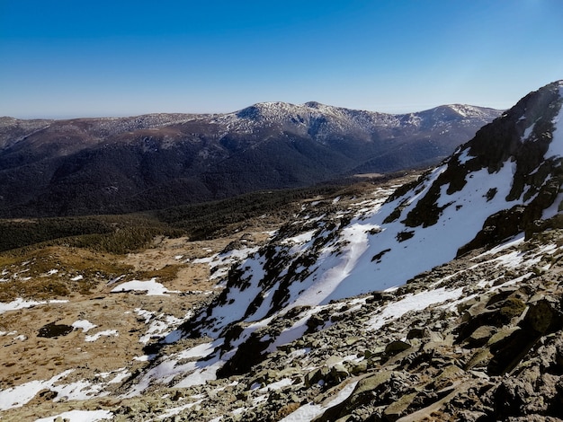 Mesmerizing view of the Penalara mountain in Spain covered in snow on a sunny day