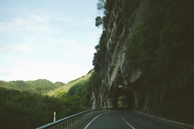 木々や山々に囲まれた岩の崖のアーチを通る道路の魅惑的な景色